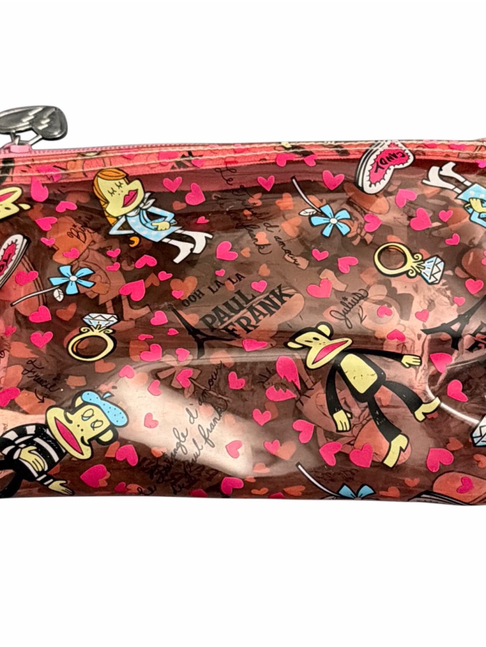 Y2K 2003 Paul Frank Brown & Pink Heart Print Cosmetic Pouch Parisian Italy